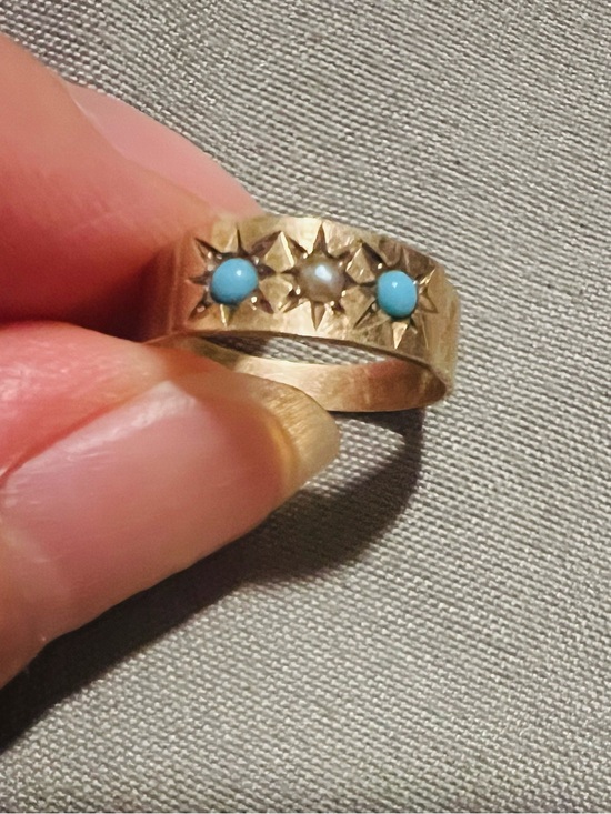 Jewelry - Antique Victorian 10K Gold Turquoise & Pearl Gypsy Ring | Size 0 Midi Ring